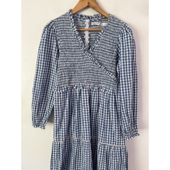Frances Hart Maternity Ines Dress Blue Gingham Plaid Smocked Midi Dress Size XS - Picture 6 of 10